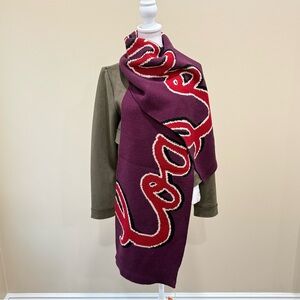 NWT Coach Script Print Oxblood Muffler Wool Blend Oversized Scarf 72” x 12”